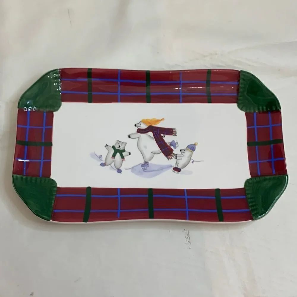 Pfaltzgraff Polar Bears Christmas Holiday Serving Platter Red Green 13 Inch Long
